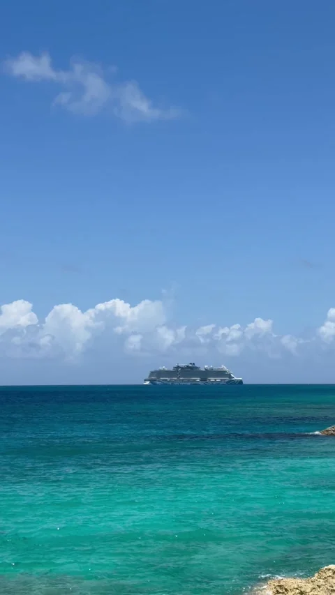 Vertical 4K Static View From Pier Of Cruise Liner Anchored On Ocean Horizon Vídeos de archivo 335549042