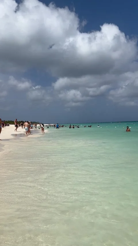 Vertical 4K Sunny Beach View With Tourists Swimming In Turquoise Ocean Stock Footage 335372620