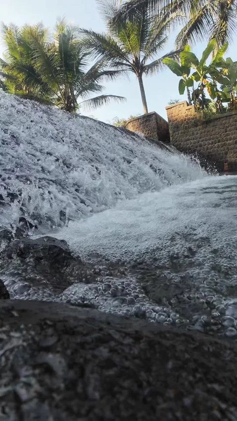 Vertical 4K Tropical River Cascade with Palm Trees and Flowing Water Stock Footage 337158025