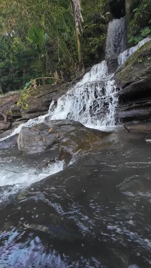 Vertical 4K Tropical Waterfall Flowing Over Rocks in Natural Forest Stream Stock Footage 337158322