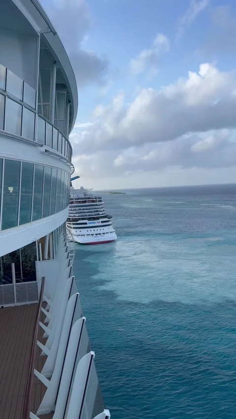 Vertical 4K Two Cruise Ships Passing Each Other At Aruba Cruise Terminal Stock Footage 335373310