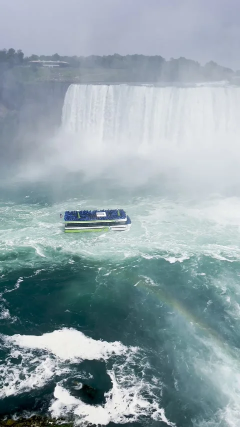 Vertical 4K video of a blue ferry ride at Niagara Falls Stock Footage 342080007
