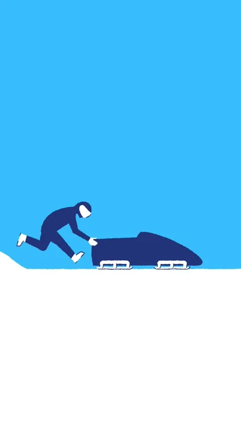 Vertical 4K video. Bobsledder blue man with helmet jumps into bobsled Stock Footage 324928822