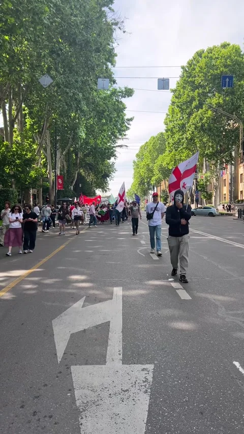 Vertical 4K video. Crowd of people with Georgian flag walks on street Stock Footage 310397556