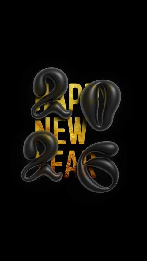 Vertical 4K video. Gold text Happy New Year, black 3D 2026 falling on dark Stock Footage 313910146