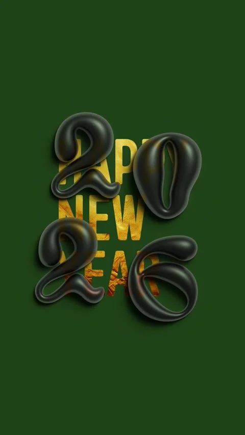 Vertical 4K video. Gold text Happy New Year, black 3D 2026 falling on green Stock Footage 322543294