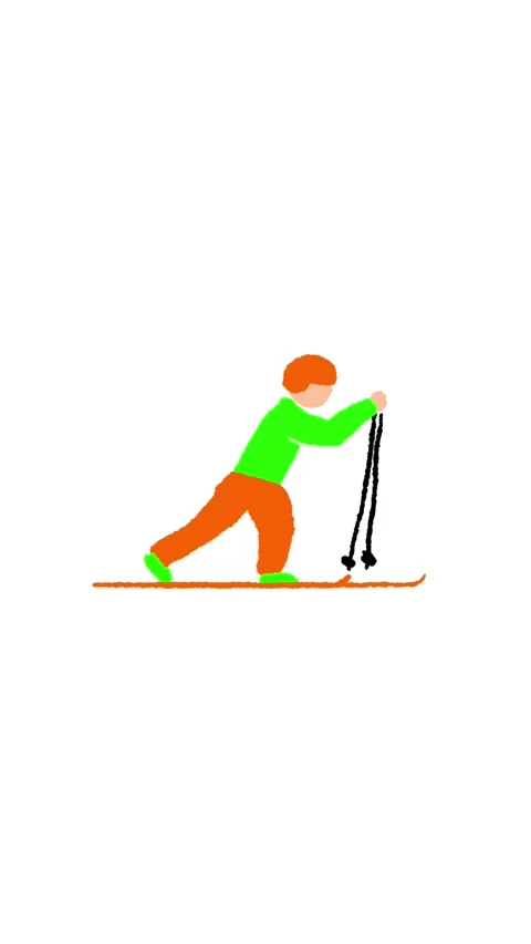 Vertical 4K video. Loop animation. Cartoon athlete rides ski down white snow Stock Footage 338312958