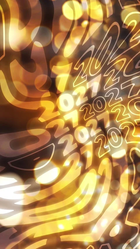 Vertical 4K video. Loop animation with wave text 2027 on gold bokeh lights Stock Footage 340427877