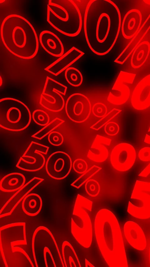 Vertical 4K video. Red glow wavy text 50 % off on black background Stock Footage 291406031