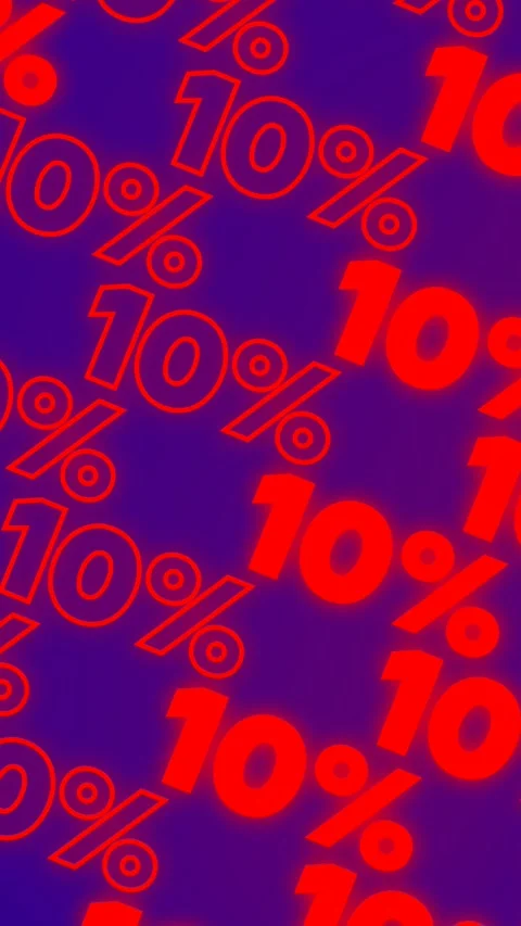 Vertical 4K video. Red glow text 10 % off move diagonally on blue Stock Footage 294700628