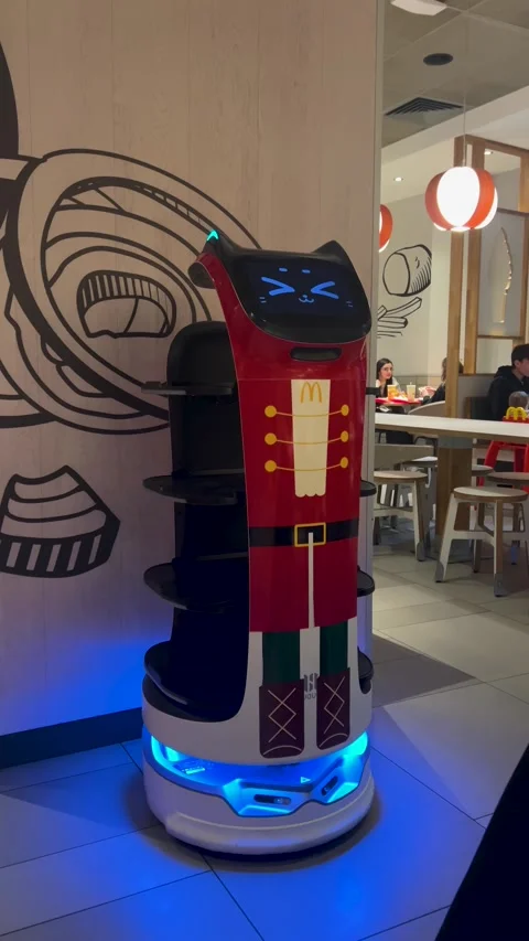 Vertical 4K video. Robot waiter with cat face on screen and McDonald's logo Stock Footage 340427576