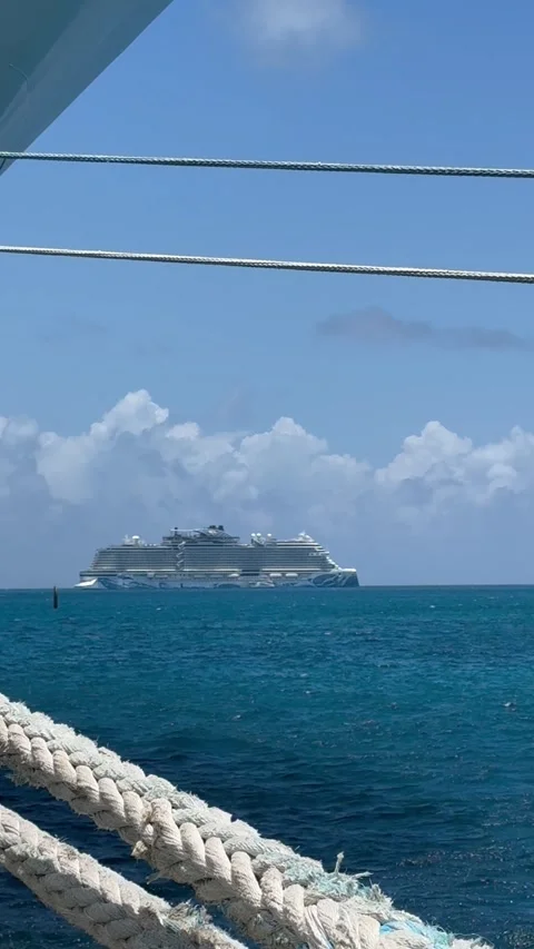 Vertical 4K View Of Anchored Cruise Ship Through Heavy Mooring Ropes Vídeos de archivo 335548439