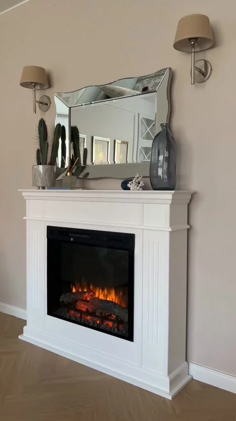 Vertical 4K view of handmade white wooden fireplace mantel with electric fire Vídeo Stock 343158509