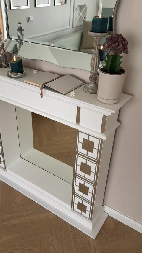 Vertical 4K - Wide Angle View Of White Modern Classic Fireplace Mantel Decor Video stock 345347126