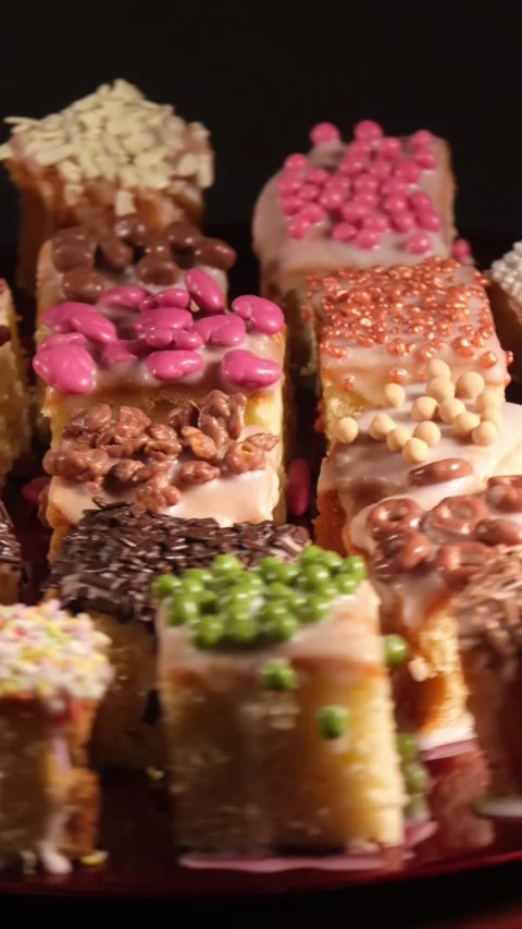 Vertical 4K Wide Profile Angle of Decorated Sponge Cakes Rotating 스톡 동영상 333320294
