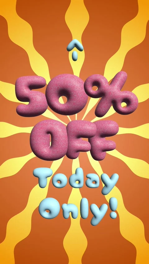 Vertical 50 percent off today only 3d animation inflated text sales with orange Stock Footage 300569912