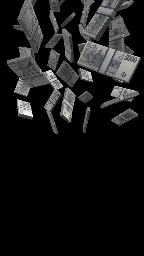 Vertical 5000 Czech Koruna Falling Animation Stacks Of Money on Black Screen Stock Footage 303242005