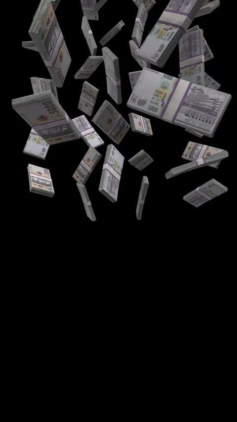 Vertical 5000 Malawian Kwacha Falling Animation Stacks Of Money on Black Scr Stock-Footage 302586426