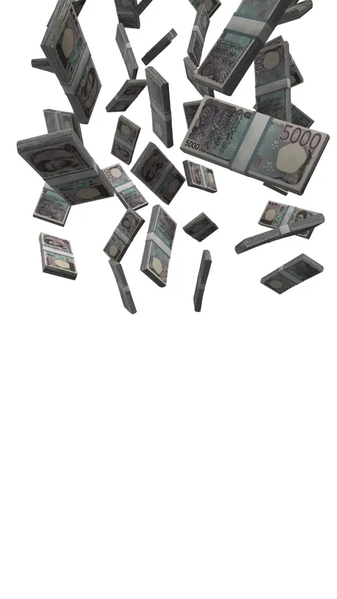 Vertical 5000 Yen Note Banknotes Falling Animation on White Screen Video stock 295419651