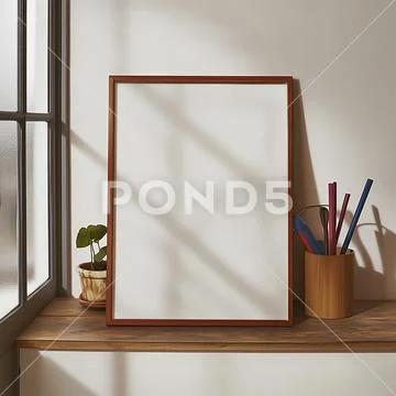 Vertical 5x7 ratio frame mockup, Window view, Wood Frame, PSD File PSD Template