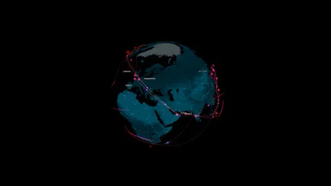 Vertical 90 degree orbital pass observing a cyber warfare globe background, 4K Stock Footage 339090706