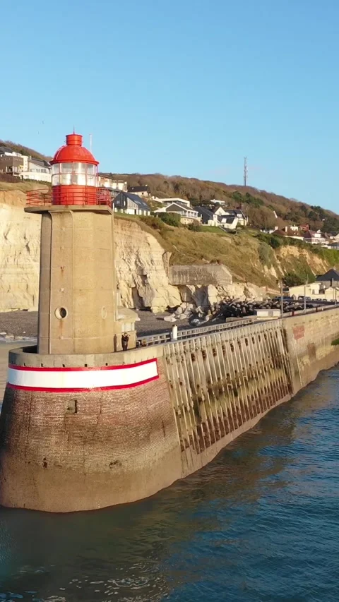 Vertical 9:16 aerial video of the iconic Fecamp lighthouse on the Normandy coast Stock Footage 346658103
