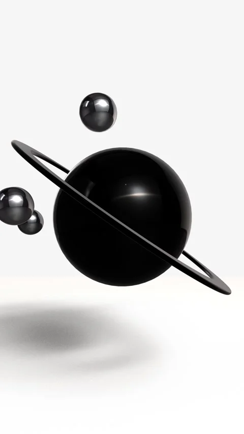 Vertical Abstract 3d animation, black sphere with metal rings and orbit ball Stock Footage 306655264