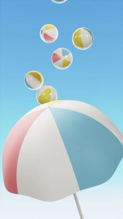 Vertical abstract 3D summer pool party beach balls umbrella parasol loop Stock Footage 331846310