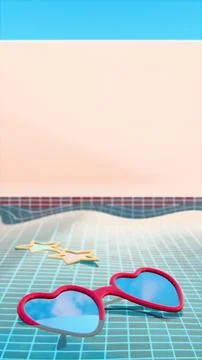 Vertical abstract 3D summer pool party heart star sunglasses banner template Illustrazione stock