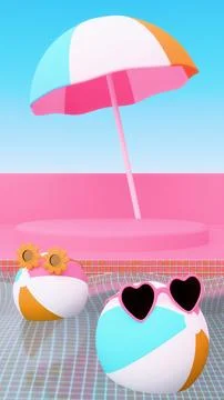 Vertical abstract 3D summer render, pool party cosmetics food podium showcase Stock Illustration