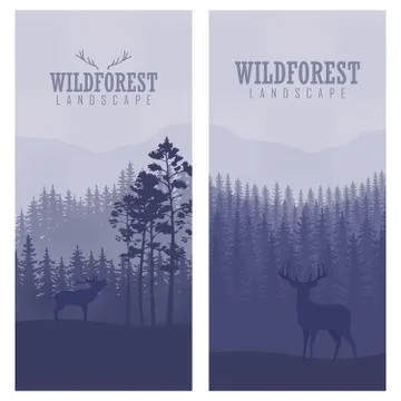 Vertical abstract banners of wild deer in forest with trunks of trees 库存插图