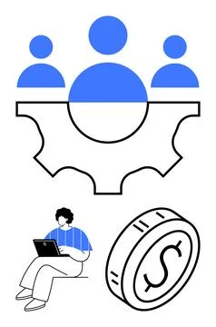 Vertical abstract composition with blue gear and people representing teamwork Stock Illustration