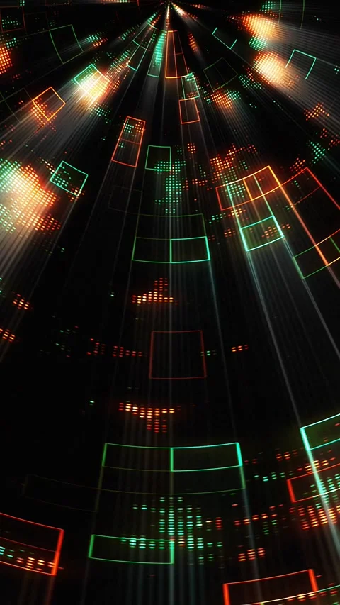 Vertical abstract digital data tunnel with glowing neon rectangles Vidéo 347276341