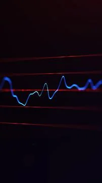 Vertical abstract waveform with blue and red signal lines on dark backgroun.. イラスト素材