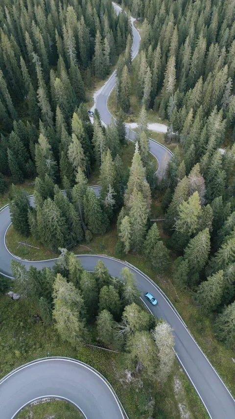 Vertical aerial 4k video of winding mountain road through forest Видео 213970471
