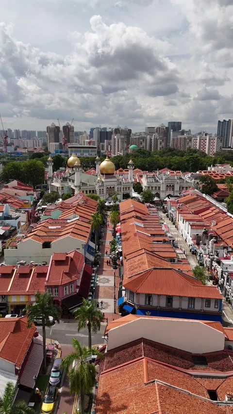 Vertical Aerial Approach to Sultan Mosque Dome on Arab Street With City Stock Footage 305434714