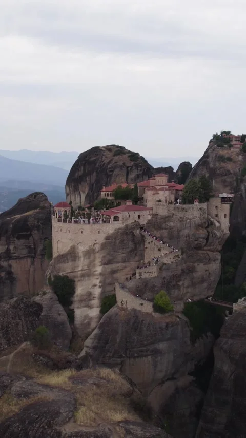 Vertical Aerial Arc of Varlaam Monastery in Meteora, Greece Stock Footage 322209462