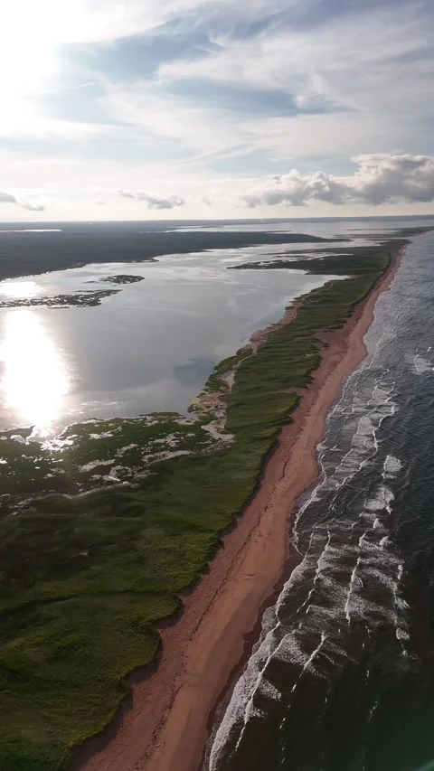 Vertical Aerial Backward Flight Along Sandbar Coast, PEI Canada Stock Footage 341363469