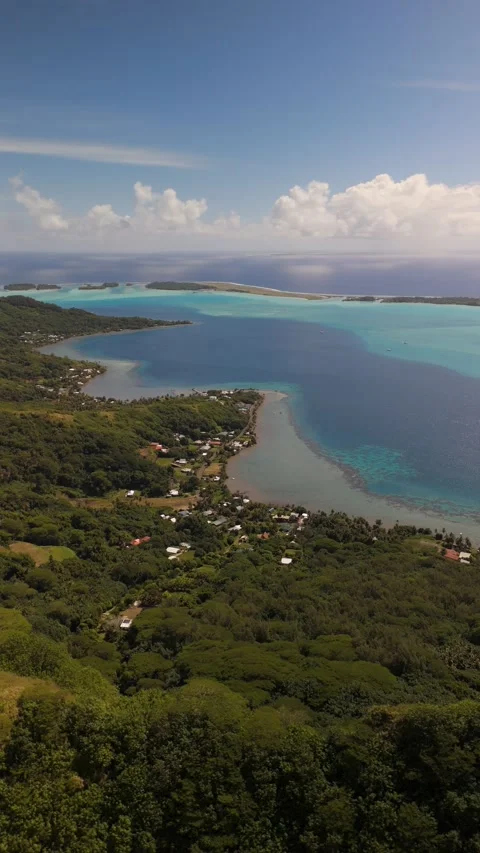 Vertical Aerial Bora Bora Lagoon Motu Village Mountain View French Polynesia Vídeo Stock 335508661