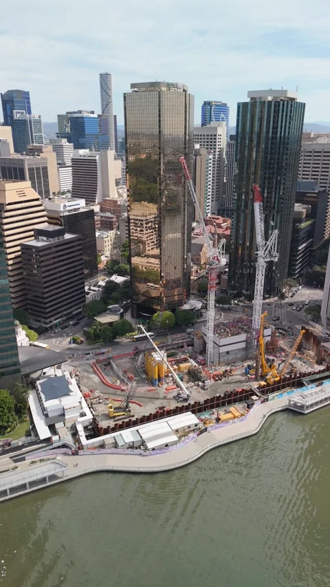 Vertical Aerial of Brisbane Riverside Construction Site Stock-Footage 333970560