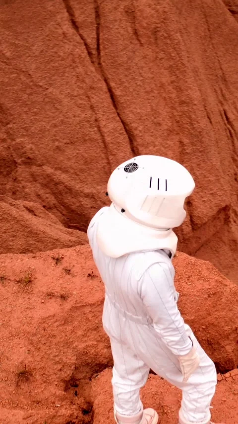 Vertical of Aerial circle around astronaut looking to Mars landscape from hill Vidéo 275621187