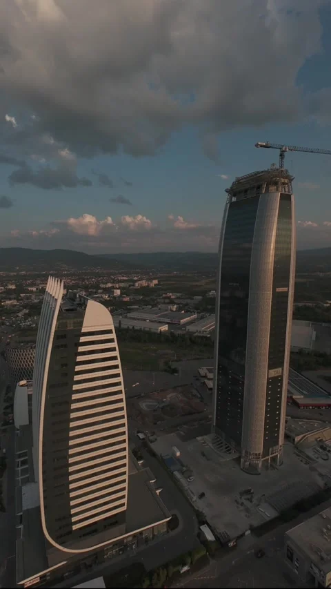 Vertical aerial drone flight around modern skyscrapers in Sofia, Bulgaria. Stock Footage 340814102
