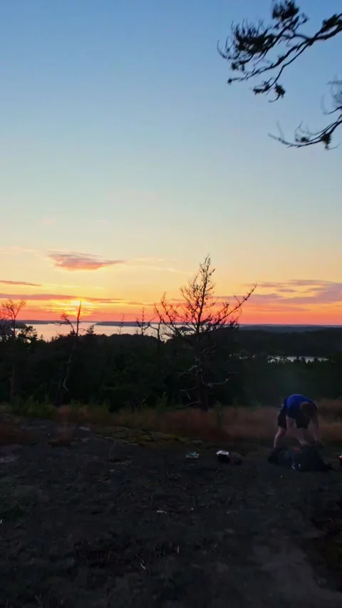 Vertical aerial drone fly through suspended tree tent towards archipelago sunset Stock Footage 343684131