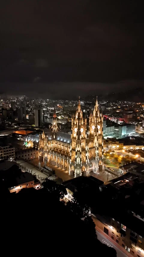 Vertical aerial drone night view of illuminated Basilica del Voto Nacional, Quit Stock Footage 326499830