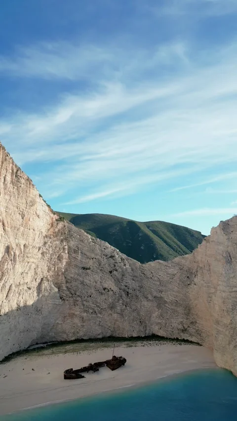 Vertical Aerial Drone View Approaching Navagio Shipwreck Beach Ionian Coast Stock-Footage 256770947