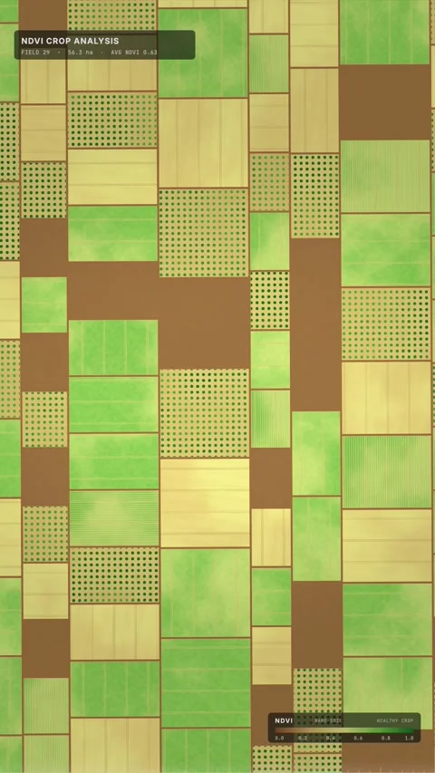 Vertical aerial farm fields switching between RGB and NDVI crop health view.. Stock Footage 348302887