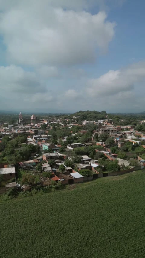 Vertical aerial flight over fields toward a rural town Stock Footage 342062059