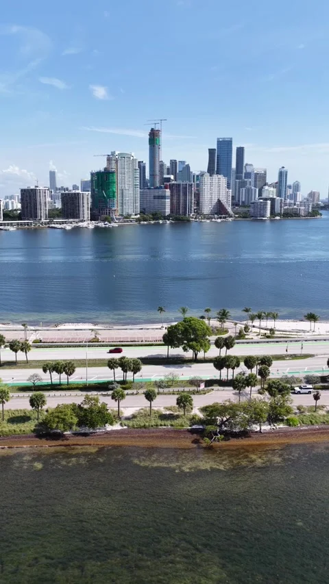 Vertical aerial flying forward over Biscayne Bay toward Miami skyline Vídeo Stock 342646734