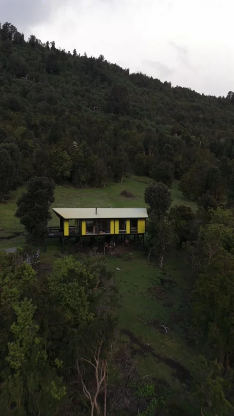 Vertical Aerial Flyover of Remote Mountain Cabin Surrounded by Forest Vídeo Stock 326078599