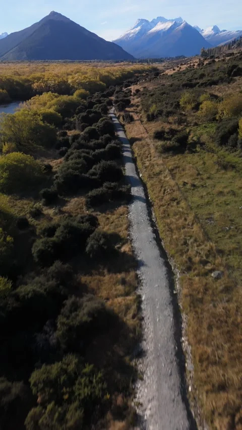 Vertical Aerial of Glenorchy River Path and Mountains Stock-Footage 333972832